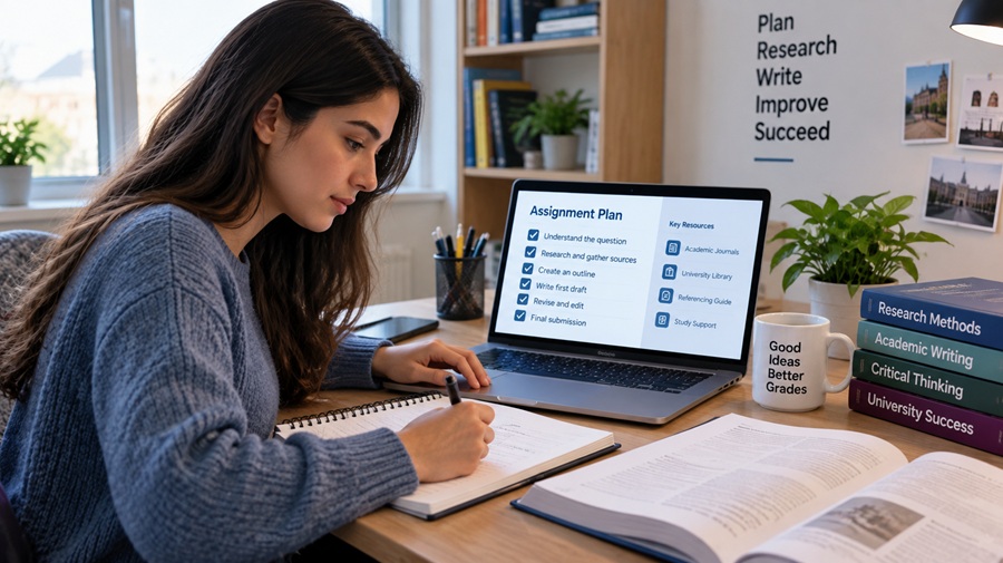 University student planning and revising an academic assignment