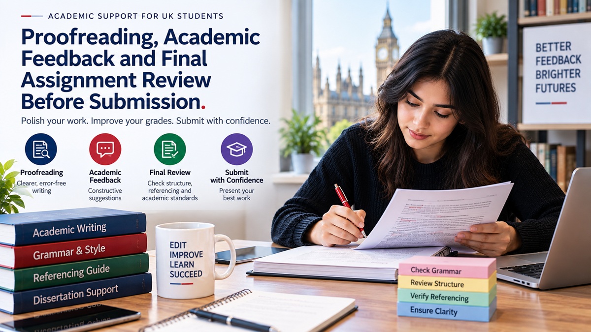 UK university student reviewing assignment feedback, proofreading and referencing on a laptop