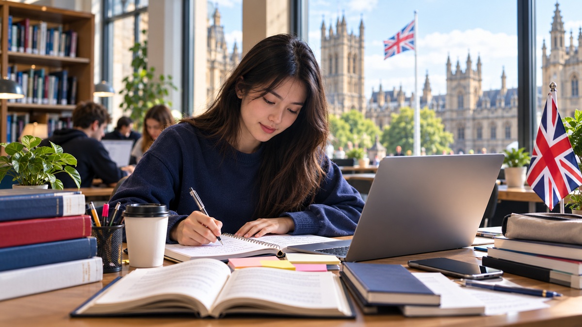 UK university student planning coursework using a laptop, notes and academic marking criteria