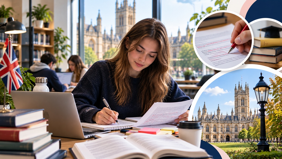 UK university student reviewing coursework feedback, proofreading and referencing on a laptop
