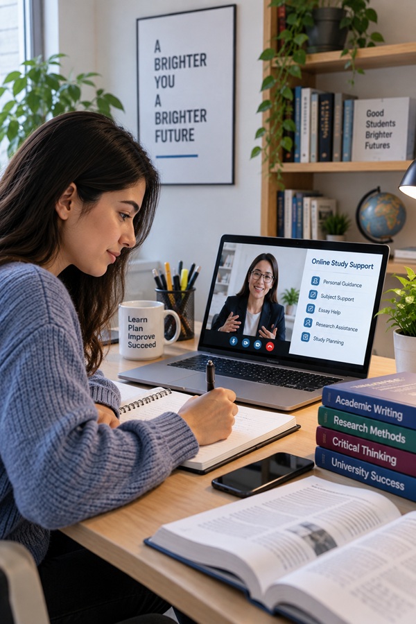 University student using online study support for independent learning